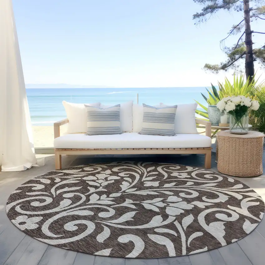 8' Chocolate And Ivory Round Floral Washable Indoor Outdoor Area Rug Photo 6
