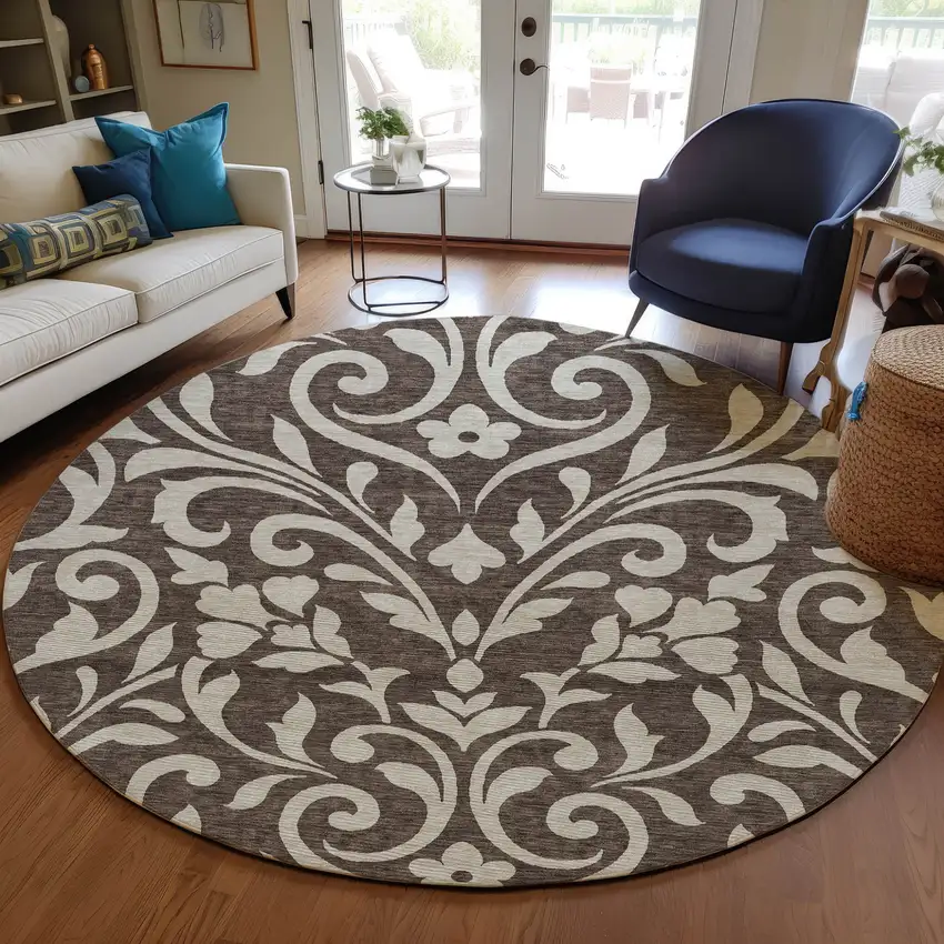 8' Chocolate And Ivory Round Floral Washable Indoor Outdoor Area Rug Photo 7