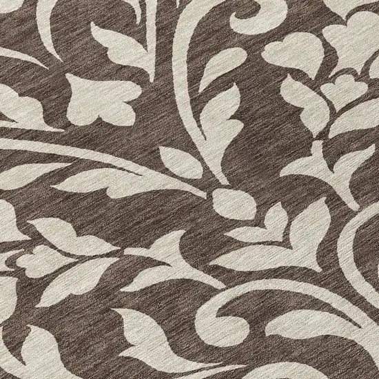 8' Chocolate And Ivory Round Floral Washable Indoor Outdoor Area Rug Photo 8