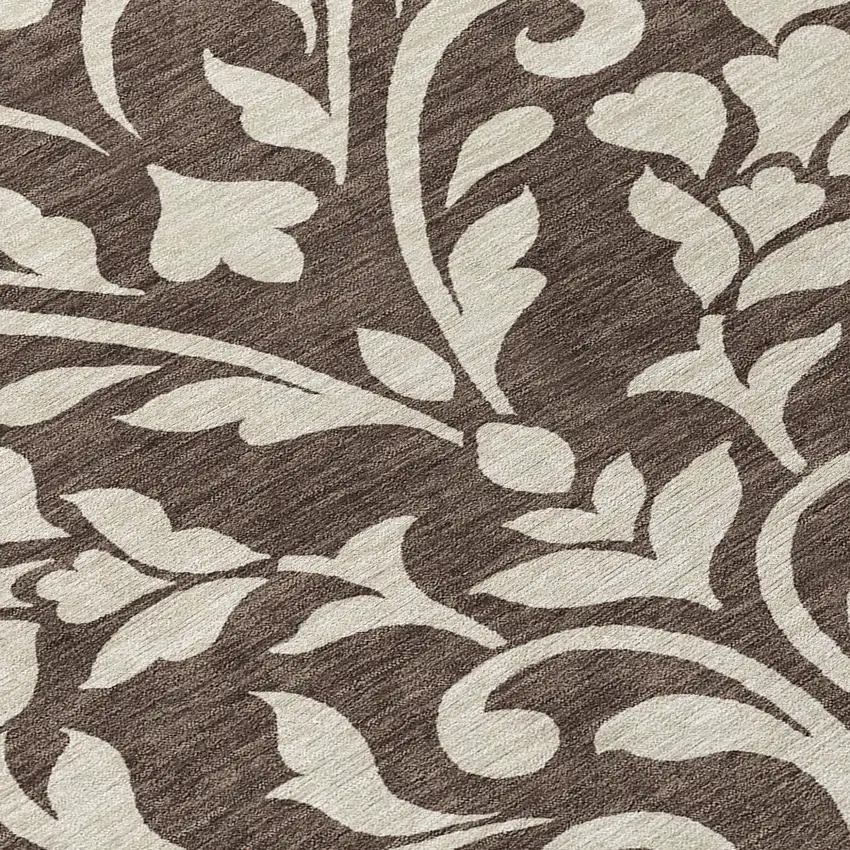 8' Chocolate And Ivory Round Floral Washable Indoor Outdoor Area Rug Photo 8