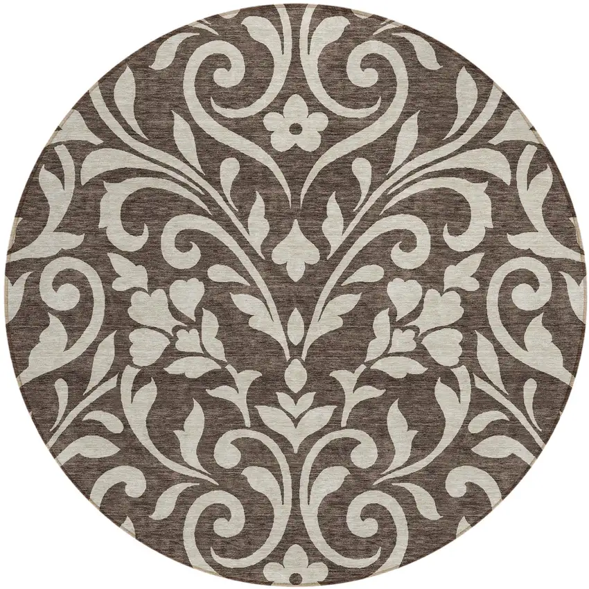 8' Chocolate And Ivory Round Floral Washable Indoor Outdoor Area Rug Photo 2