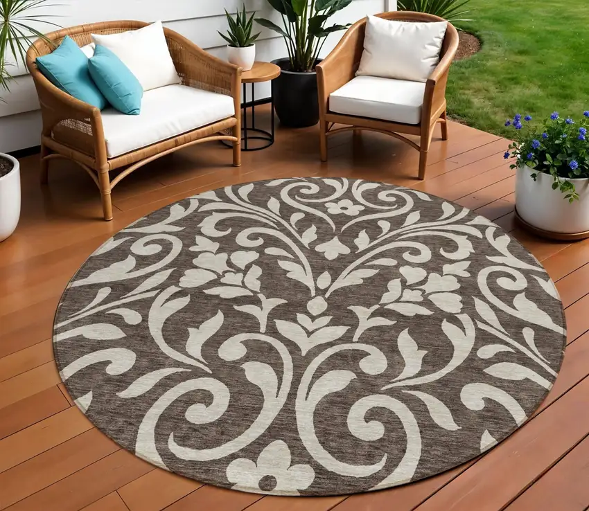 8' Chocolate And Ivory Round Floral Washable Indoor Outdoor Area Rug Photo 1