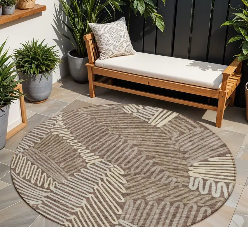 8' Chocolate And Ivory Round Floral Washable Indoor Outdoor Area Rug Photo 1