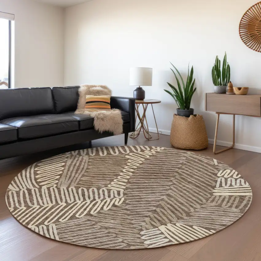 8' Chocolate And Ivory Round Floral Washable Indoor Outdoor Area Rug Photo 8