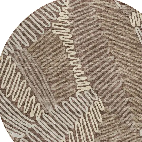 8' Chocolate And Ivory Round Floral Washable Indoor Outdoor Area Rug Photo 5