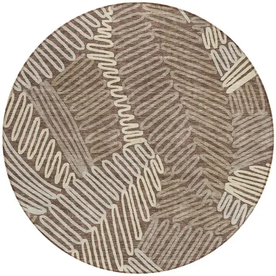 8' Chocolate And Ivory Round Floral Washable Indoor Outdoor Area Rug Photo 6