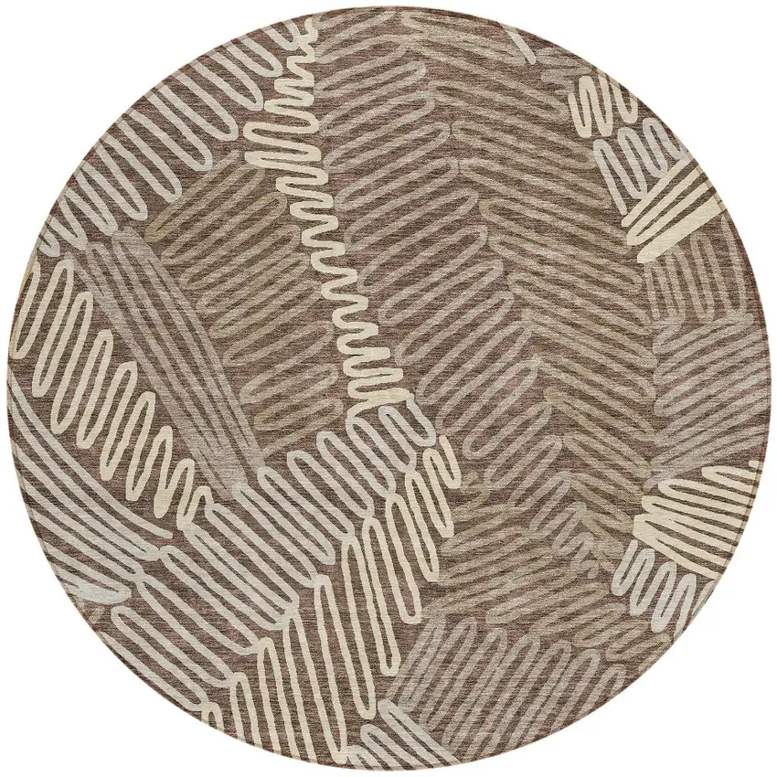 8' Chocolate And Ivory Round Floral Washable Indoor Outdoor Area Rug Photo 6