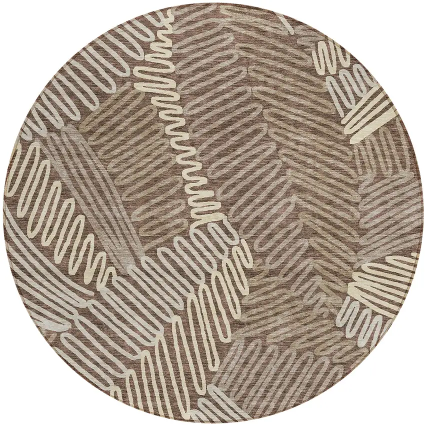 8' Chocolate And Ivory Round Floral Washable Indoor Outdoor Area Rug Photo 2