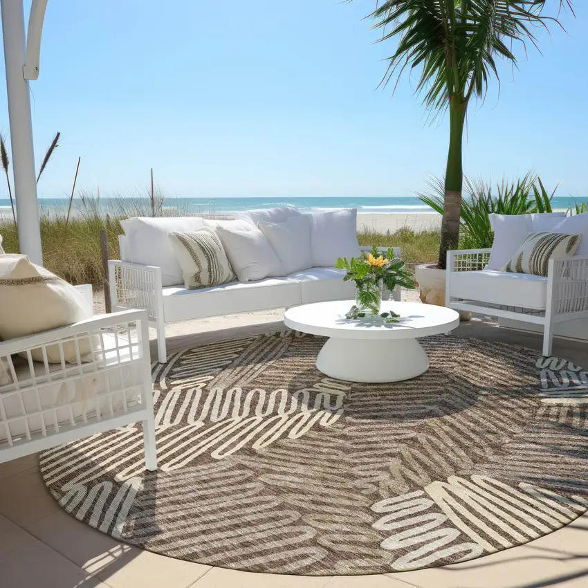 8' Chocolate And Ivory Round Floral Washable Indoor Outdoor Area Rug Photo 7