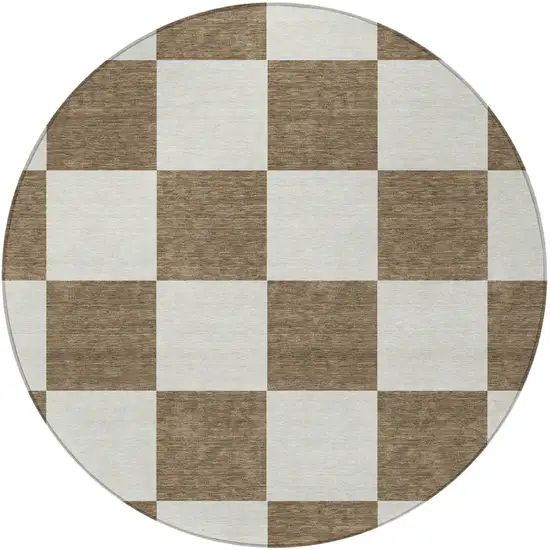 8' Chocolate And Ivory Round Geometric Washable Indoor Outdoor Area Rug Photo 5