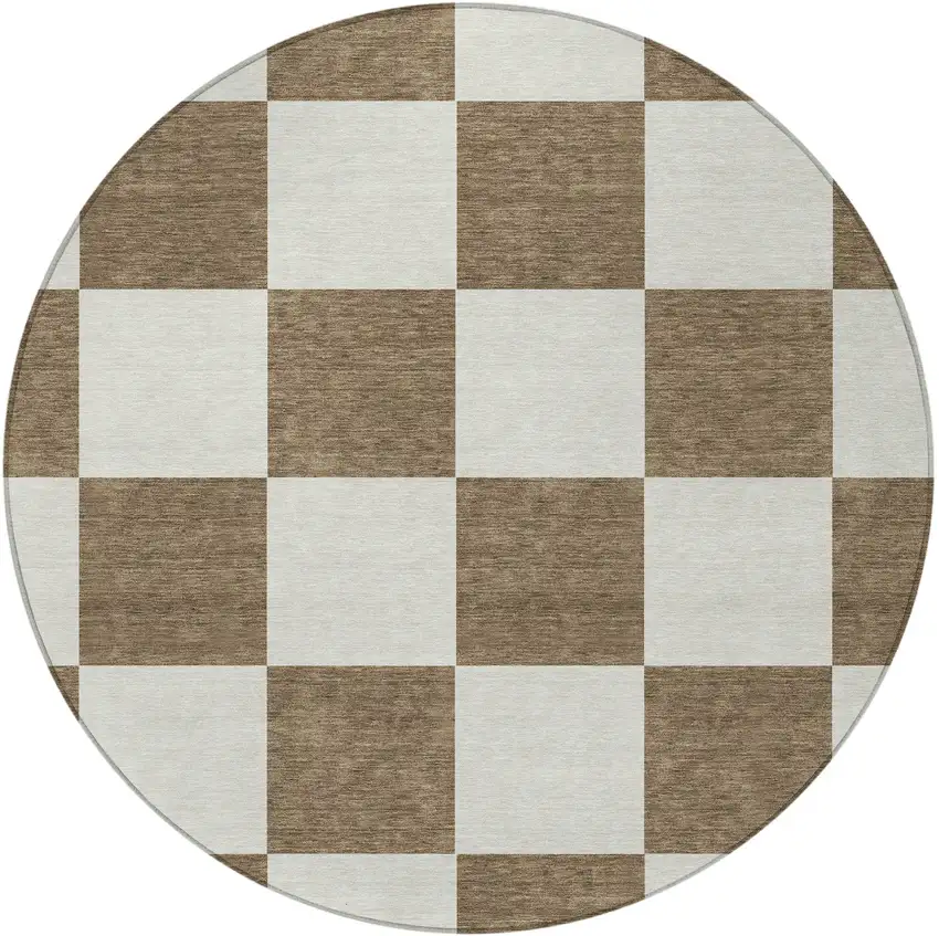 8' Chocolate And Ivory Round Geometric Washable Indoor Outdoor Area Rug Photo 5