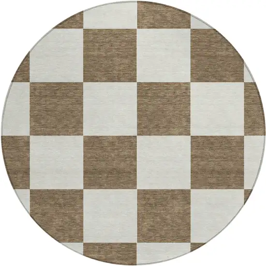 8' Chocolate And Ivory Round Geometric Washable Indoor Outdoor Area Rug Photo 2