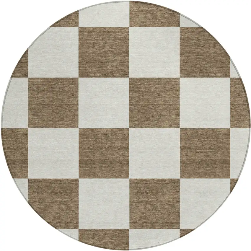 8' Chocolate And Ivory Round Geometric Washable Indoor Outdoor Area Rug Photo 2