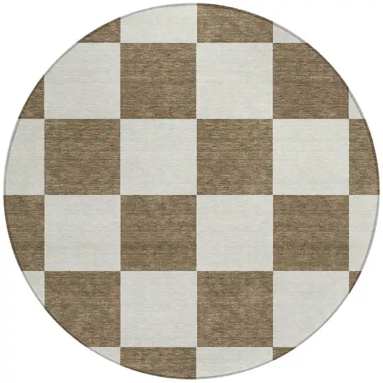 8' Chocolate And Ivory Round Geometric Washable Indoor Outdoor Area Rug Photo 4