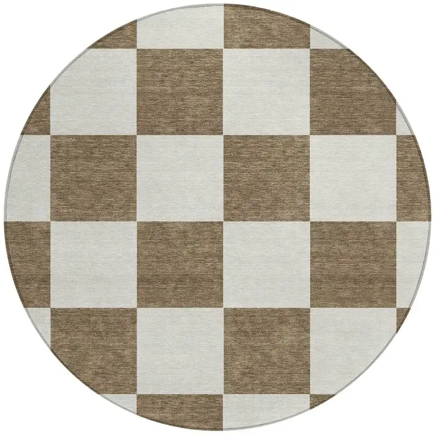 8' Chocolate And Ivory Round Geometric Washable Indoor Outdoor Area Rug Photo 4