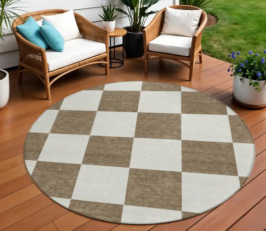8' Chocolate And Ivory Round Geometric Washable Indoor Outdoor Area Rug Photo 1