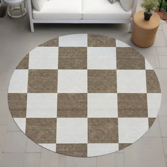 8' Chocolate And Ivory Round Geometric Washable Indoor Outdoor Area Rug Photo 8