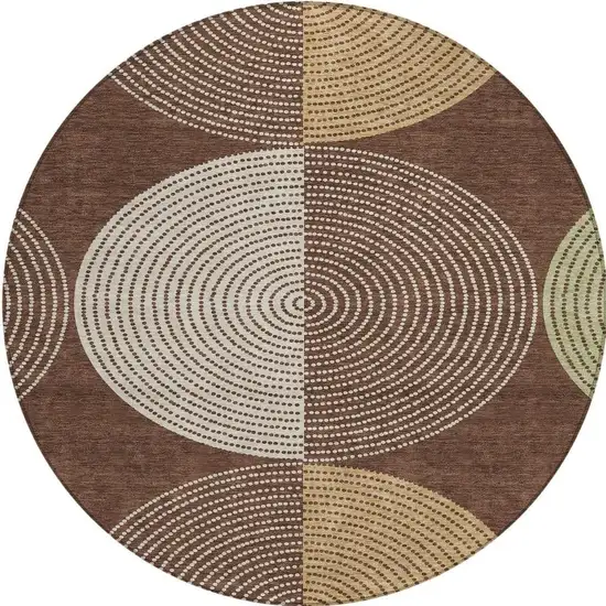8' Chocolate And Ivory Round Geometric Washable Indoor Outdoor Area Rug Photo 5