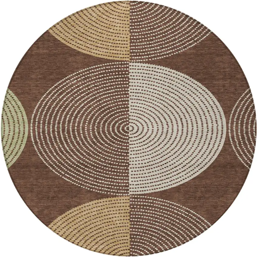 8' Chocolate And Ivory Round Geometric Washable Indoor Outdoor Area Rug Photo 4