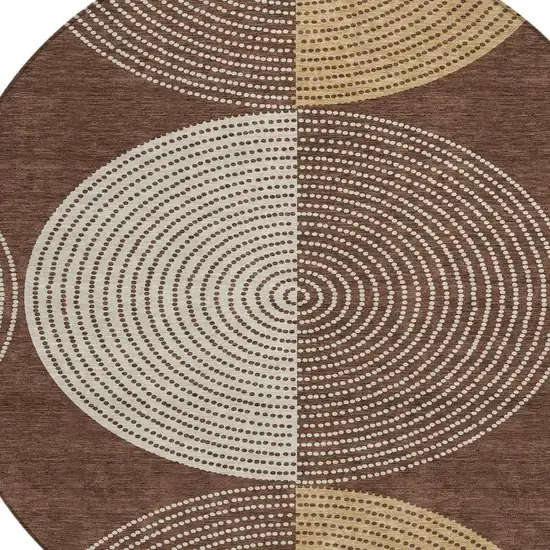 8' Chocolate And Ivory Round Geometric Washable Indoor Outdoor Area Rug Photo 7