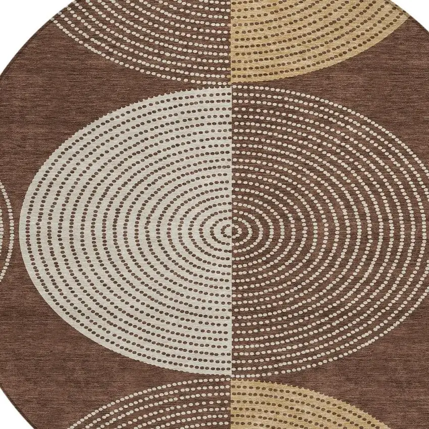 8' Chocolate And Ivory Round Geometric Washable Indoor Outdoor Area Rug Photo 7