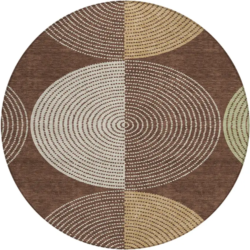 8' Chocolate And Ivory Round Geometric Washable Indoor Outdoor Area Rug Photo 2