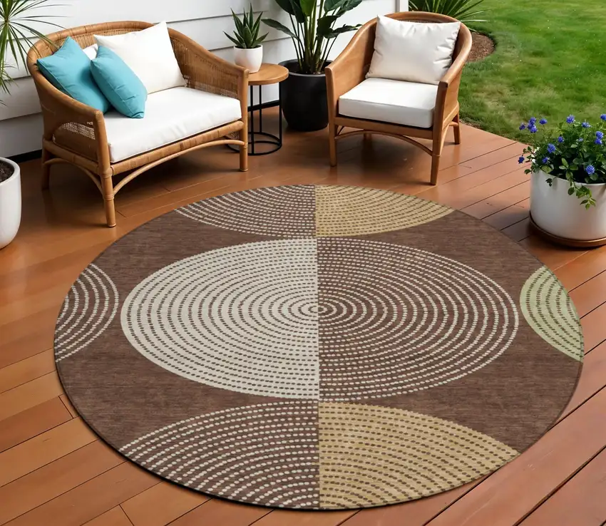 8' Chocolate And Ivory Round Geometric Washable Indoor Outdoor Area Rug Photo 1