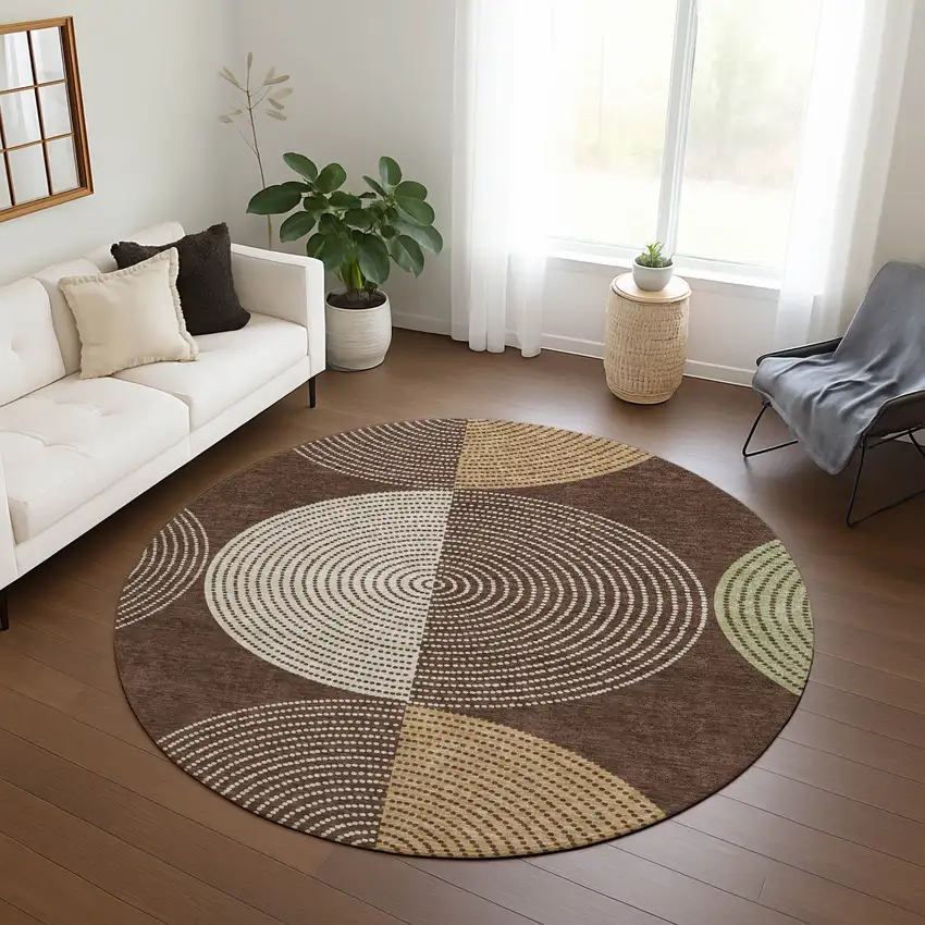 8' Chocolate And Ivory Round Geometric Washable Indoor Outdoor Area Rug Photo 9