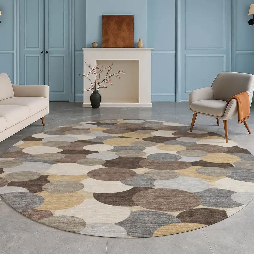 8' Chocolate And Ivory Round Geometric Washable Indoor Outdoor Area Rug Photo 5