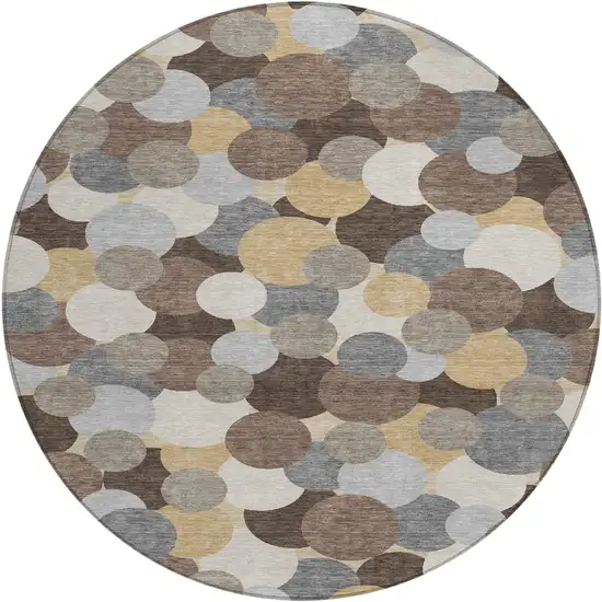 8' Chocolate And Ivory Round Geometric Washable Indoor Outdoor Area Rug Photo 1