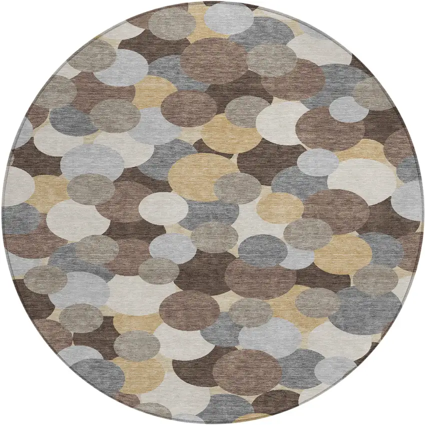 8' Chocolate And Ivory Round Geometric Washable Indoor Outdoor Area Rug Photo 1