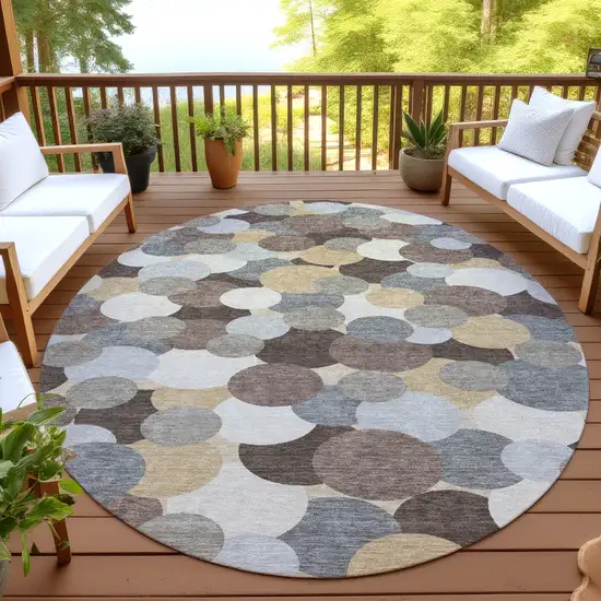 8' Chocolate And Ivory Round Geometric Washable Indoor Outdoor Area Rug Photo 4