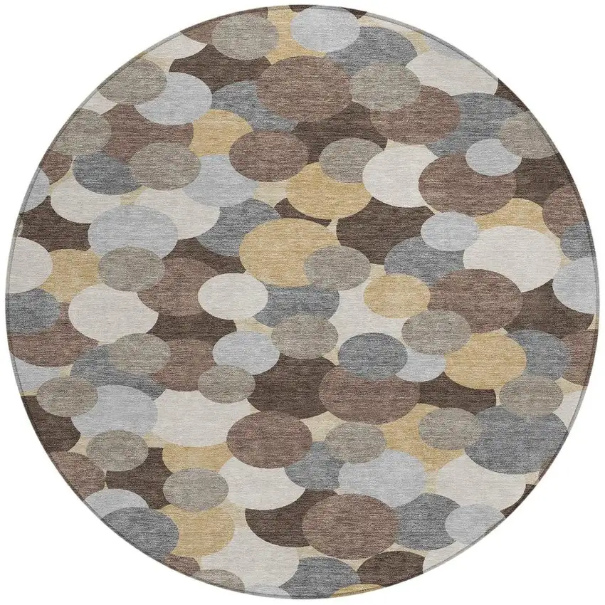 8' Chocolate And Ivory Round Geometric Washable Indoor Outdoor Area Rug Photo 2