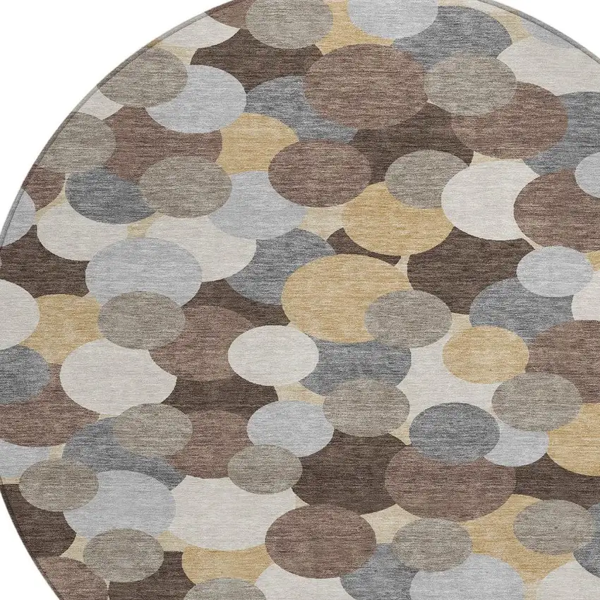 8' Chocolate And Ivory Round Geometric Washable Indoor Outdoor Area Rug Photo 3