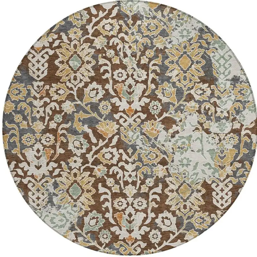 8' Chocolate And Ivory Round Geometric Washable Indoor Outdoor Area Rug Photo 3
