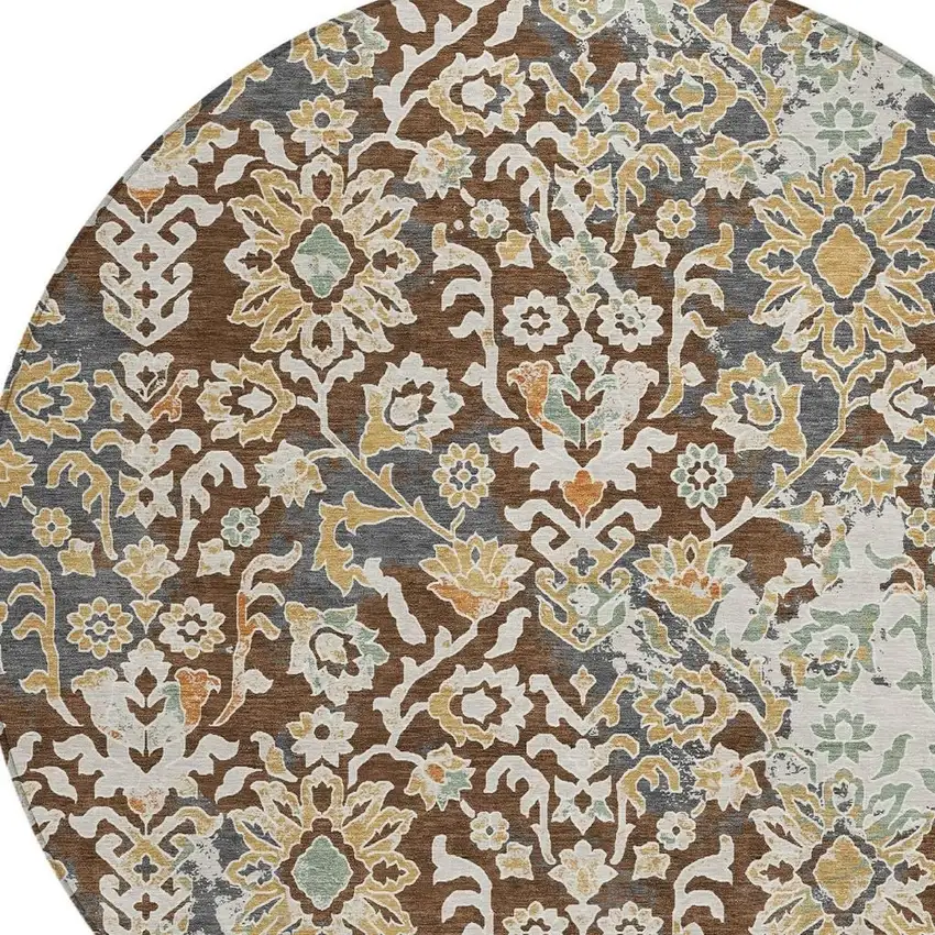 8' Chocolate And Ivory Round Geometric Washable Indoor Outdoor Area Rug Photo 2