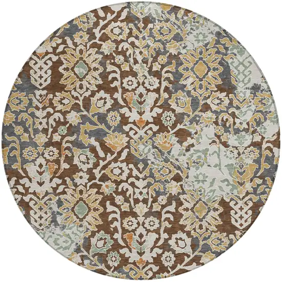 8' Chocolate And Ivory Round Geometric Washable Indoor Outdoor Area Rug Photo 1