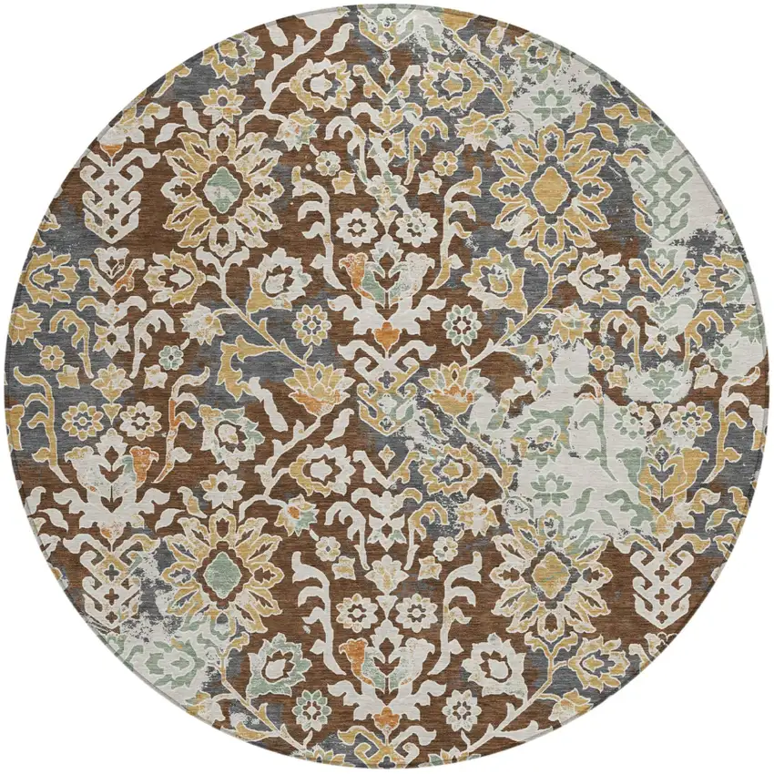 8' Chocolate And Ivory Round Geometric Washable Indoor Outdoor Area Rug Photo 1