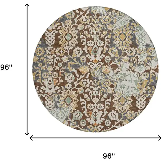 8' Chocolate And Ivory Round Geometric Washable Indoor Outdoor Area Rug Photo 6