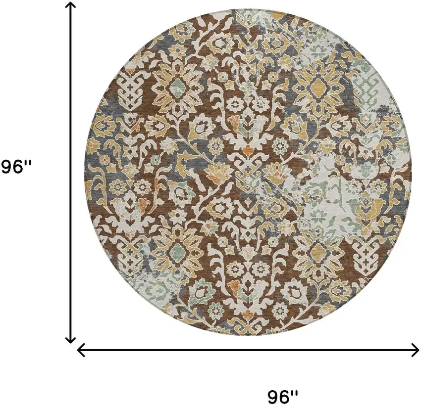 8' Chocolate And Ivory Round Geometric Washable Indoor Outdoor Area Rug Photo 6