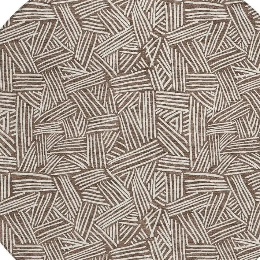 8' Chocolate And Ivory Round Geometric Washable Indoor Outdoor Area Rug Photo 3