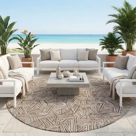 8' Chocolate And Ivory Round Geometric Washable Indoor Outdoor Area Rug Photo 1