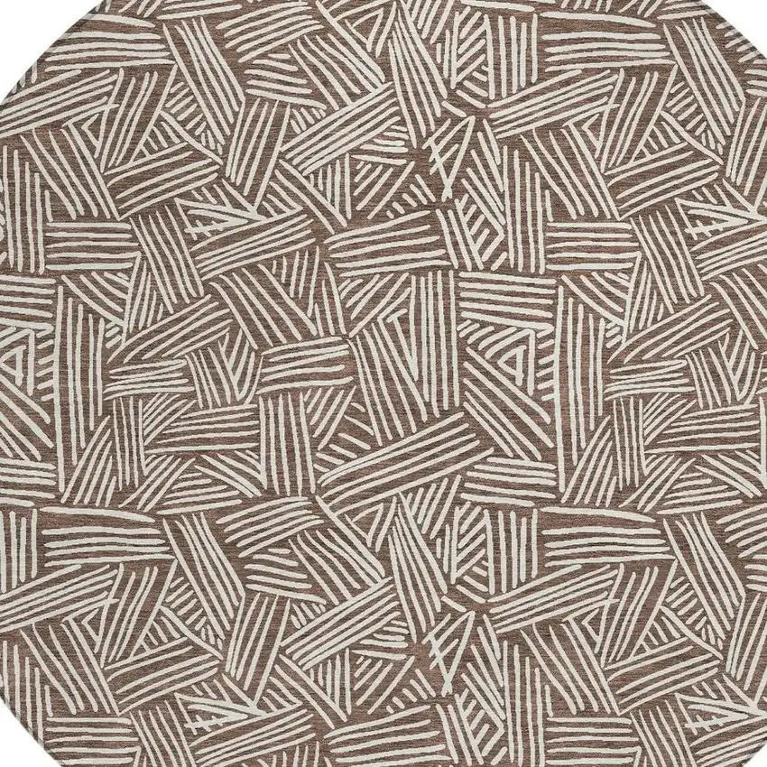8' Chocolate And Ivory Round Geometric Washable Indoor Outdoor Area Rug Photo 4