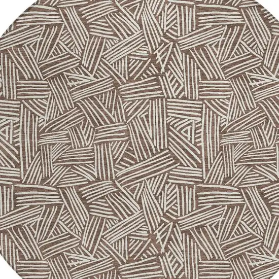 8' Chocolate And Ivory Round Geometric Washable Indoor Outdoor Area Rug Photo 4