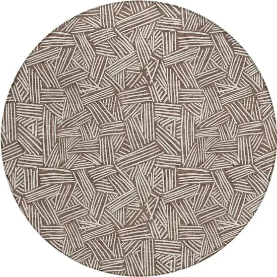 8' Chocolate And Ivory Round Geometric Washable Indoor Outdoor Area Rug Photo 2