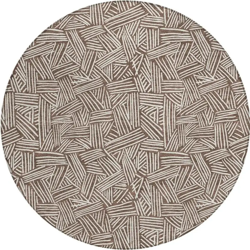 8' Chocolate And Ivory Round Geometric Washable Indoor Outdoor Area Rug Photo 2