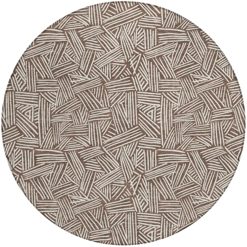 8' Chocolate And Ivory Round Geometric Washable Indoor Outdoor Area Rug Photo 5