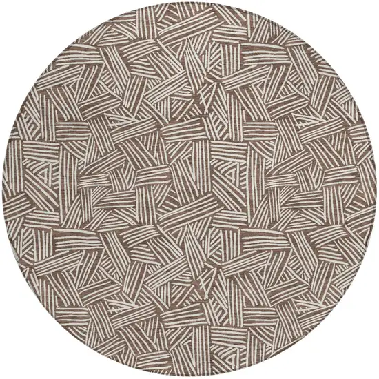 8' Chocolate And Ivory Round Geometric Washable Indoor Outdoor Area Rug Photo 5