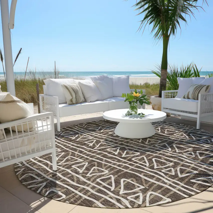 8' Chocolate And Ivory Round Geometric Washable Indoor Outdoor Area Rug Photo 8