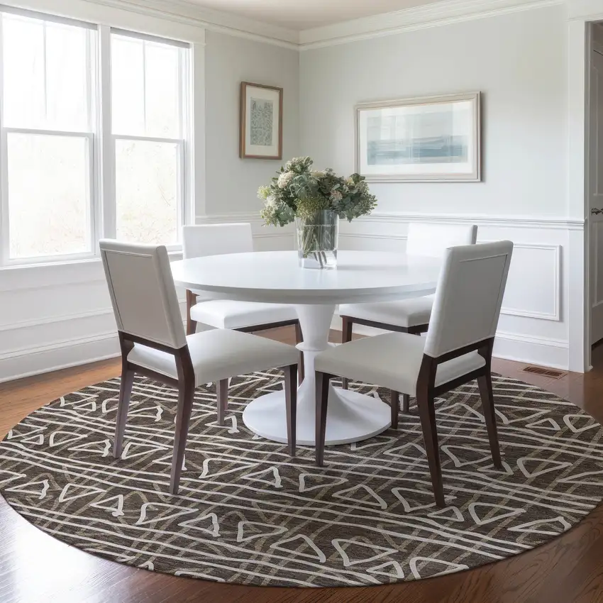 8' Chocolate And Ivory Round Geometric Washable Indoor Outdoor Area Rug Photo 9